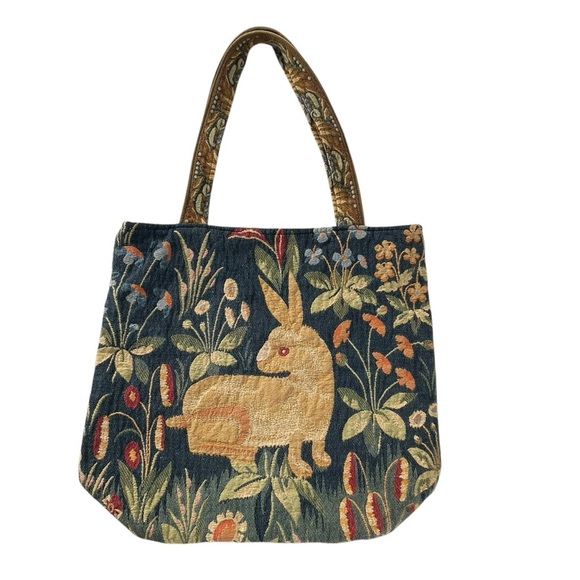 Artisan Tapestry Tote Bag Rabbit Floral French Fabric Lined 29x17x16 Handmade - Picture 1 of 13